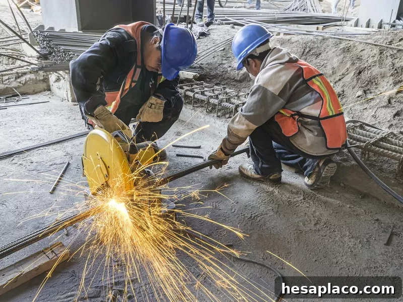 Men wearing protective equipment and welding metal tubes