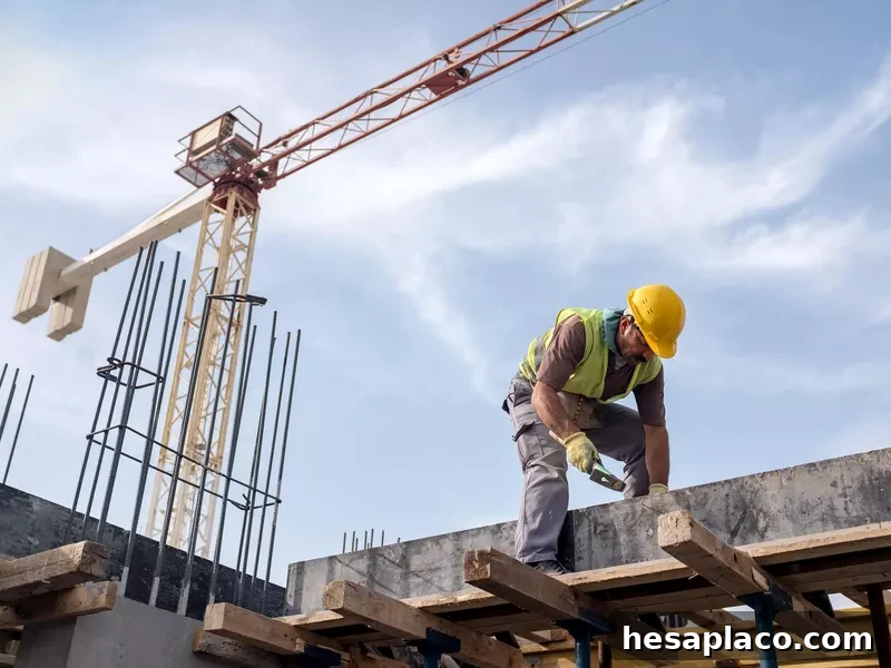 Worker at construction site fixing foundation