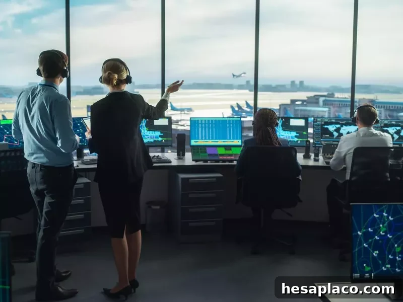 Female and male air traffic controllers with headsets talk in airport tower while computers display airplane departure and arrival data on navigation screens