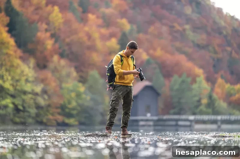Male photographer holding camera in lake