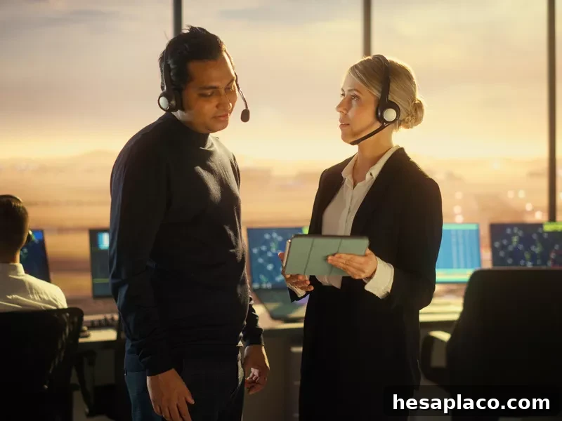 Air traffic controllers interacting with each other