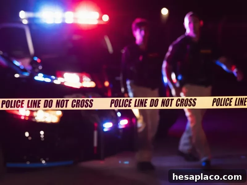 Two police officers behind crime scene tape