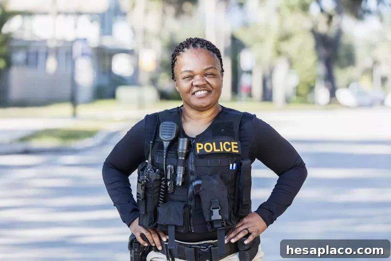 African-American policewoman on foot patrol