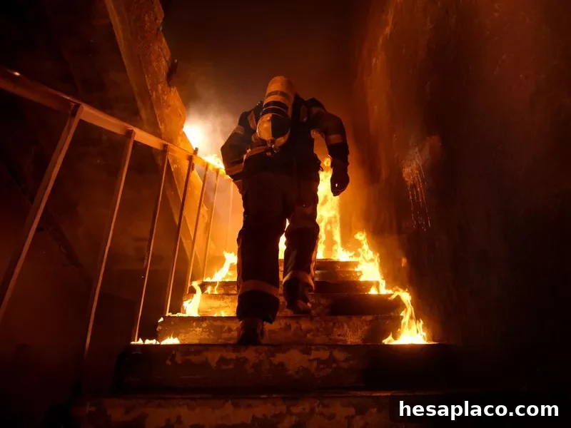 Strong and brave Firefighter going up stairs in burning building