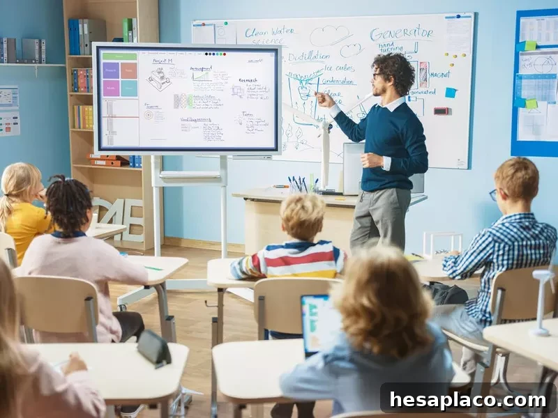 Elementary school science teacher using interactive digital whiteboard in classroom