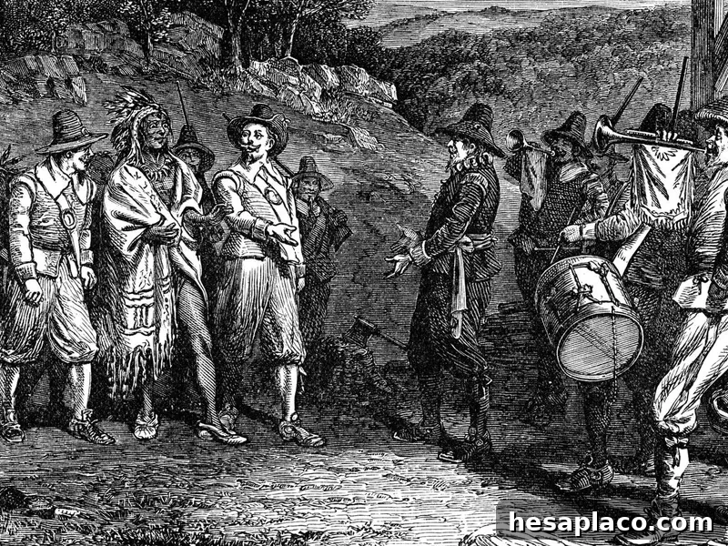 Pilgrims receiving Massasoit