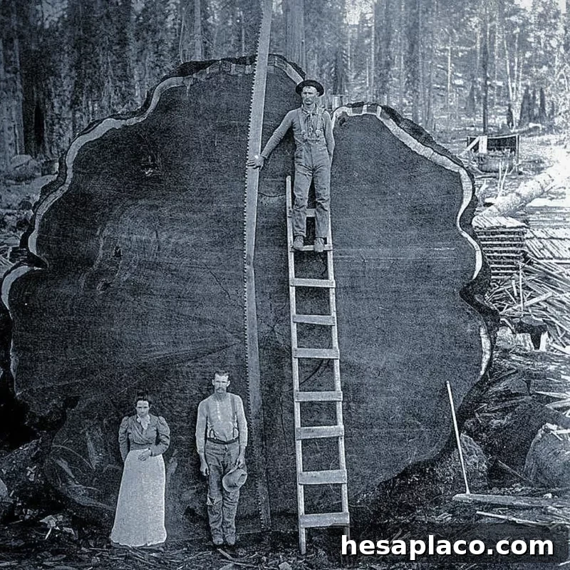 Three people in front of a felled Sequoia tree