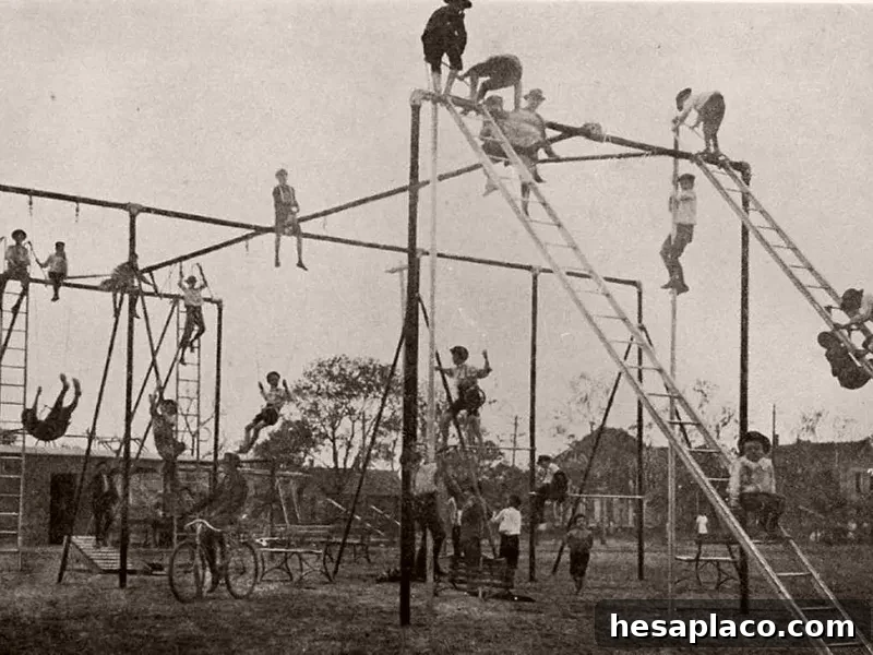 Children climbing on playground equipment in 1900