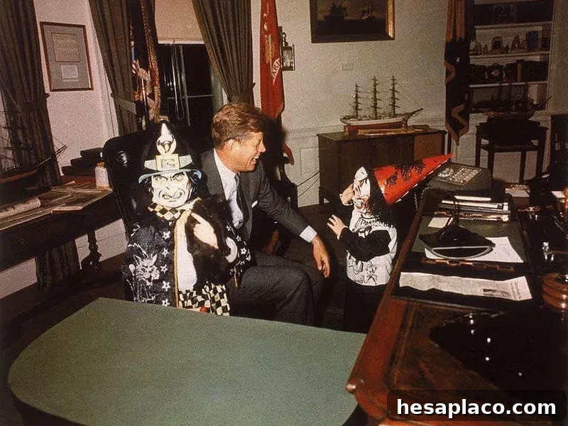 John F. Kennedy with his children Caroline and John Junior in Halloween costumes