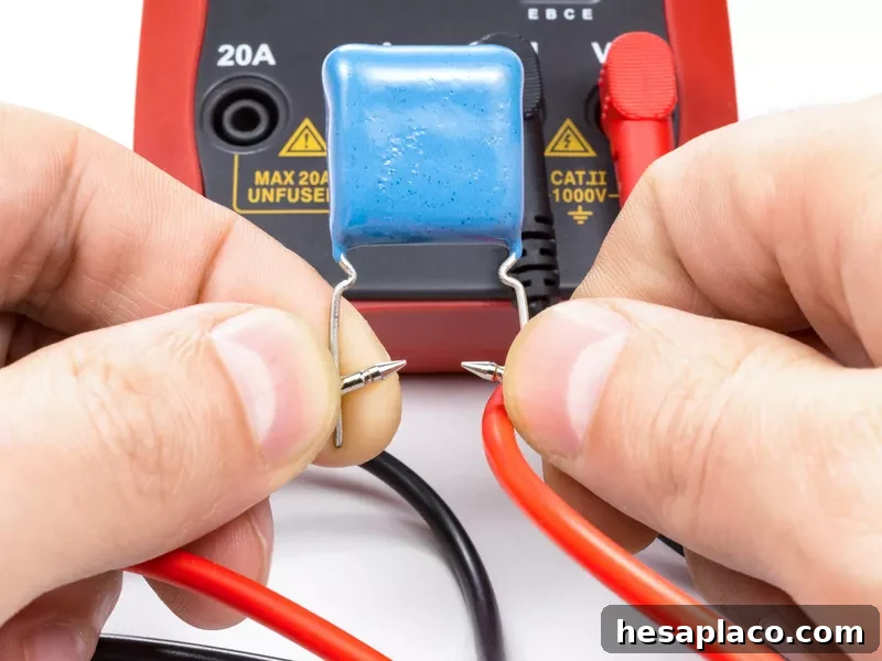 Testing capacitor with multimeter on a white background